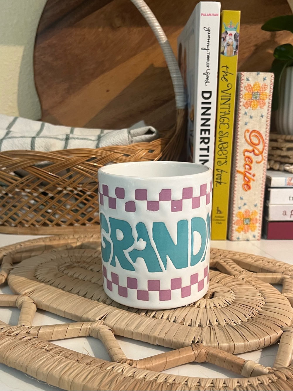 White Ceramic  Waechtersbach Grandma Mug with Purple Checker Accents